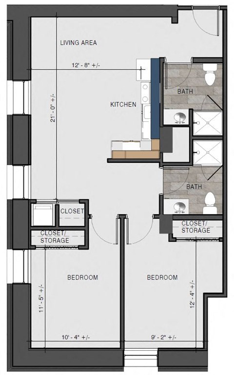Floor plan for 2 beds, 2 baths, 836 sqft