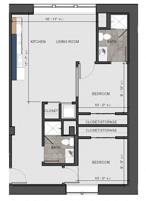 Floor plan for 2 beds, 2 baths, 988 sqft