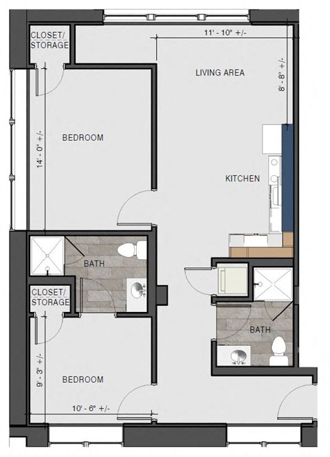 Floor plan for 2 beds, 2 baths, 793 sqft