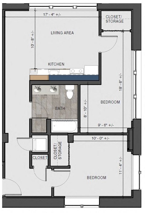 Floor plan for 2 beds, 1 bath, 793 sqft