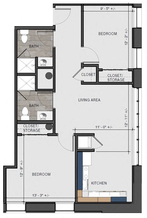 Floor plan for 2 beds, 2 baths, 821 sqft