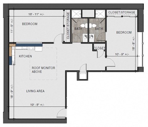 Floor plan for 2 beds, 2 baths, 1287 sqft