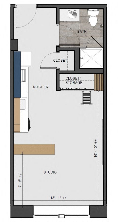 Floor plan for studio, 1 bath, 410 sqft