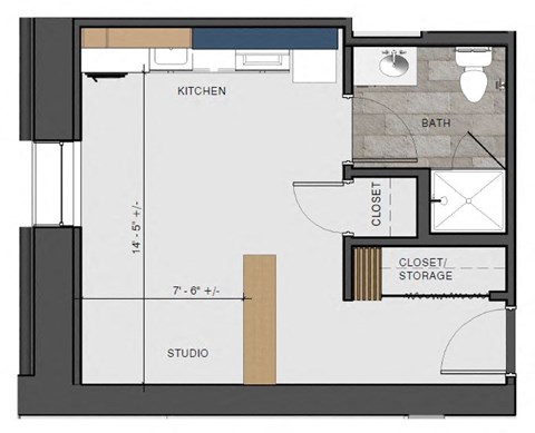 Floor plan for studio, 1 bath, 320 sqft