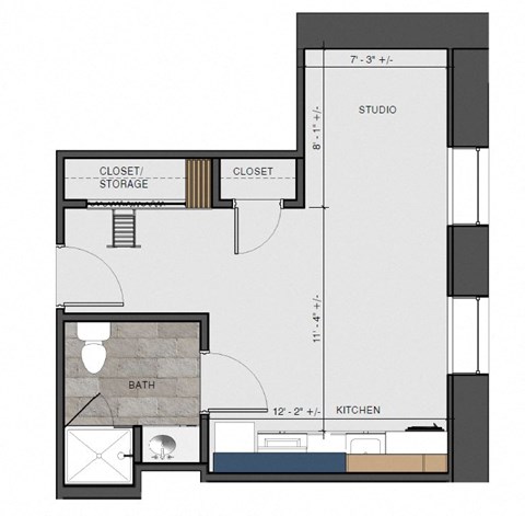 Floor plan for studio, 1 bath, 356 sqft