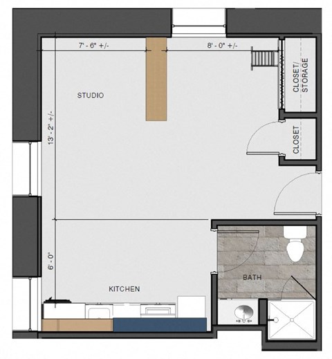 Floor plan for studio, 1 bath, 419 sqft