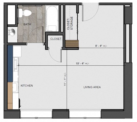 Floor plan for studio, 1 bath, 412 sqft