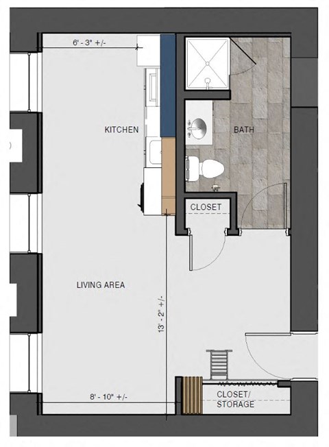 Floor plan for studio, 1 bath, 404 sqft
