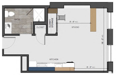 Floor plan for studio, 1 bath, 409 sqft
