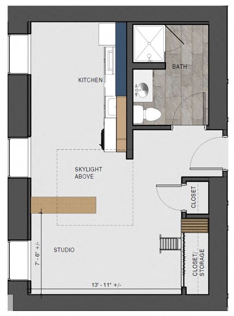 Floor plan for studio, 1 bath, 410 sqft