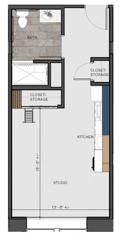 Floor plan for studio, 1 bath, 385 sqft