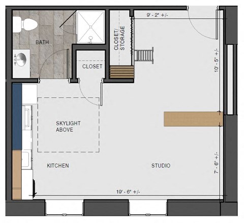 Floor plan for studio, 1 bath, 416 sqft