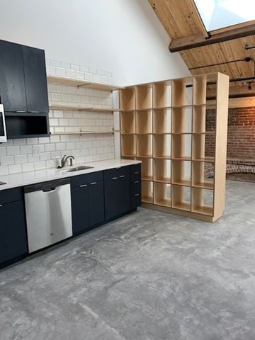 University apartment for rent - A kitchen with black cabinets and a white tiled backsplash.