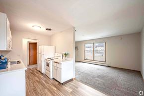 St. Paul apartment for rent - A kitchen with white appliances and a grey carpet.