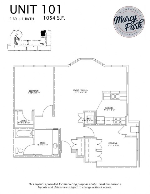 Floor plan for 2 beds, 1 bath, 1054 sqft