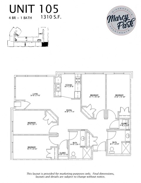Floor plan for 4 beds, 2 baths, 1310 sqft