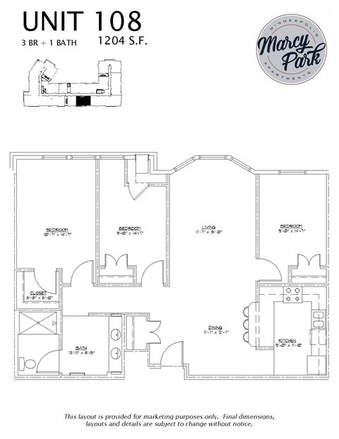 Floor plan for 3 beds, 1 bath, 1204 sqft