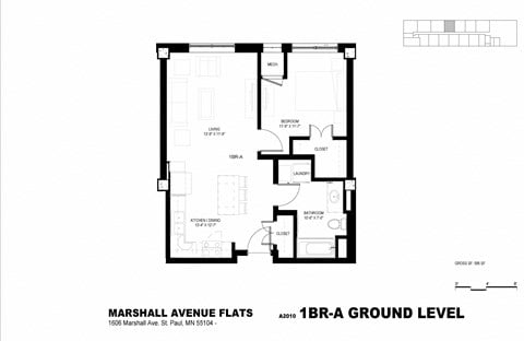 Floor plan for 1 bed, 1 bath, 595 sqft