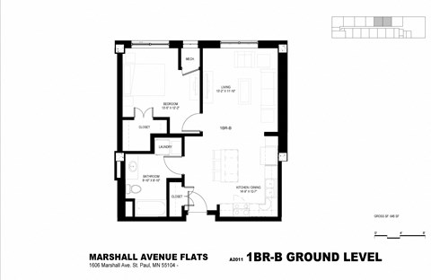 Floor plan for 1 bed, 1 bath, 645 sqft
