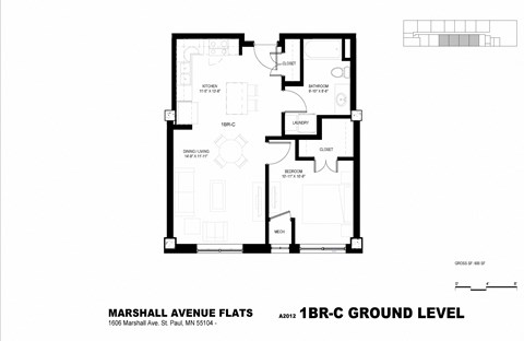 Floor plan for 1 bed, 1 bath, 590 sqft