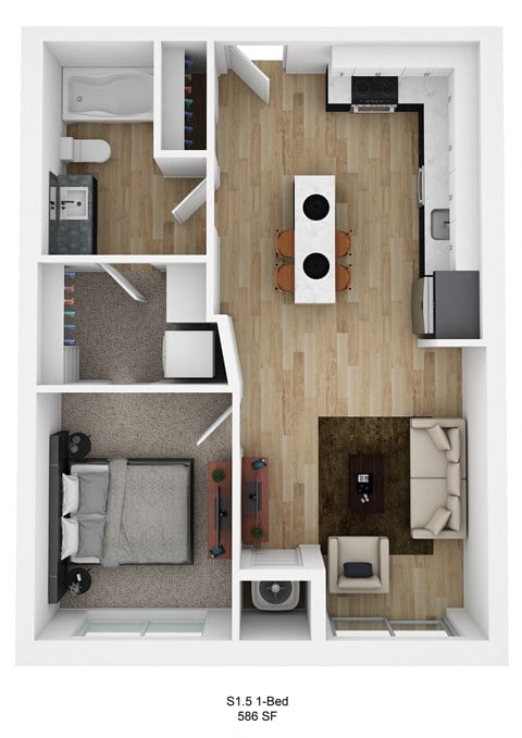 Floor plan for 1 bed, 1 bath, 583 sqft