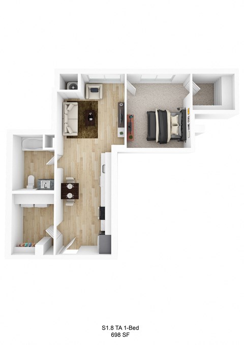 Floor plan for 1 bed, 1 bath, 709 sqft