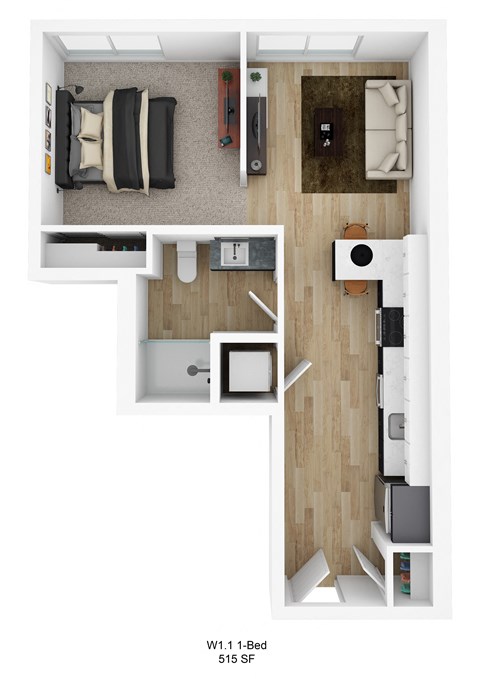 Floor plan for 1 bed, 1 bath, 515 sqft