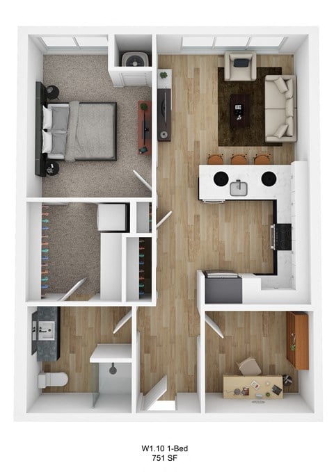 Floor plan for 1 bed, 1 bath, 748 sqft