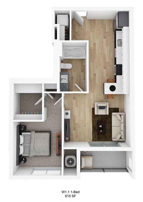 Floor plan for 1 bed, 1 bath, 615 sqft