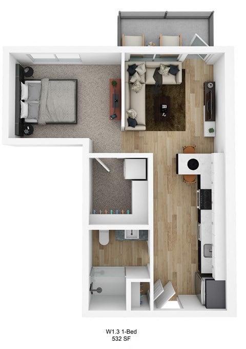 Floor plan for 1 bed, 1 bath, 532 sqft