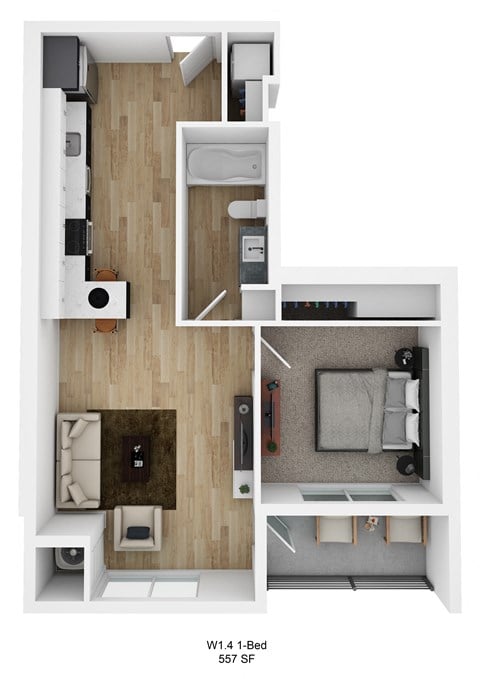Floor plan for 1 bed, 1 bath, 557 sqft