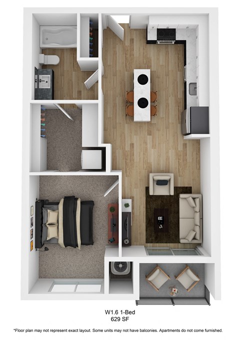 Floor plan for 1 bed, 1 bath, 629 sqft
