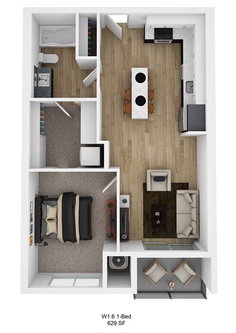 Floor plan for 1 bed, 1 bath, 627 sqft