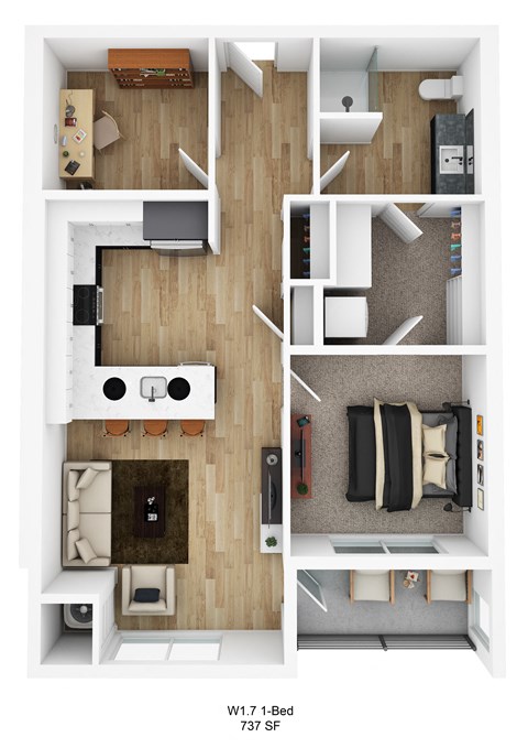 Floor plan for 1 bed, 1 bath, 722 sqft