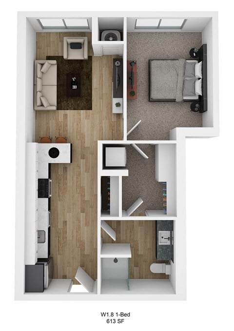 Floor plan for 1 bed, 1 bath, 613 sqft