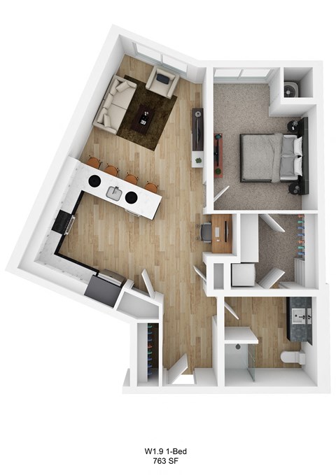 Floor plan for 1 bed, 1 bath, 763 sqft