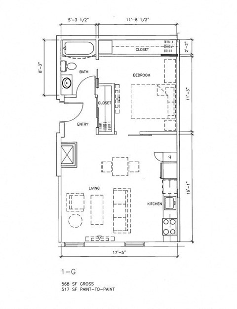 Floor plan for 1 bed, 1 bath, 517 sqft