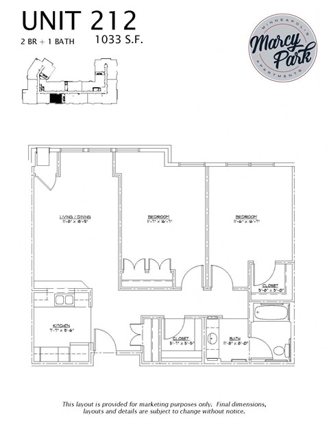 Floor plan for 2 beds, 1 bath, 1033 sqft