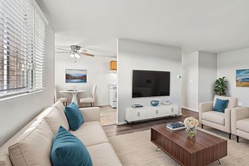 West St. Paul apartment for rent - A living room with a white couch and a television.