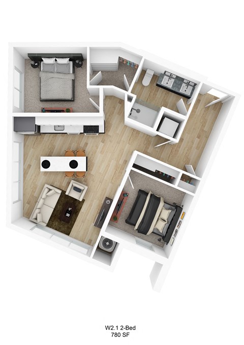 Floor plan for 2 beds, 1 bath, 780 sqft
