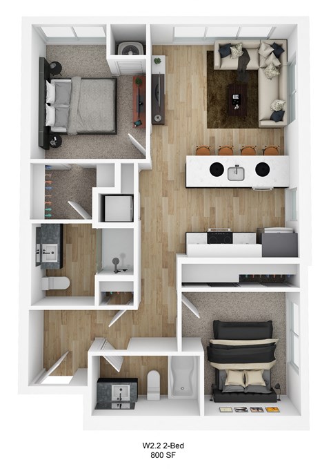 Floor plan for 2 beds, 2 baths, 800 sqft