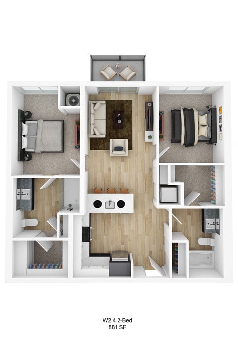 Floor plan for 2 beds, 2 baths, 883 sqft