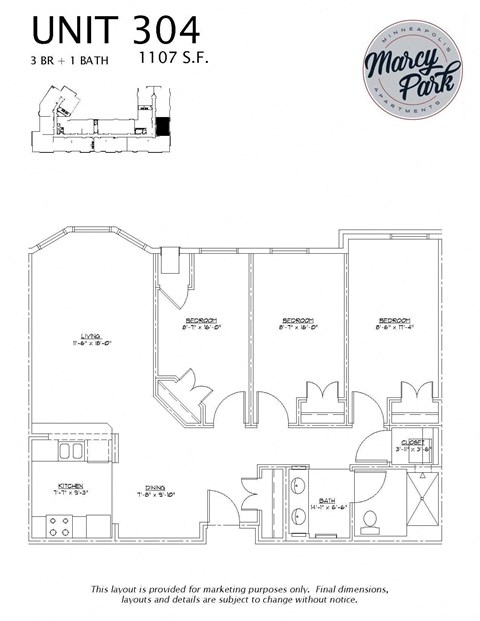 Floor plan for 3 beds, 1 bath, 1107 sqft