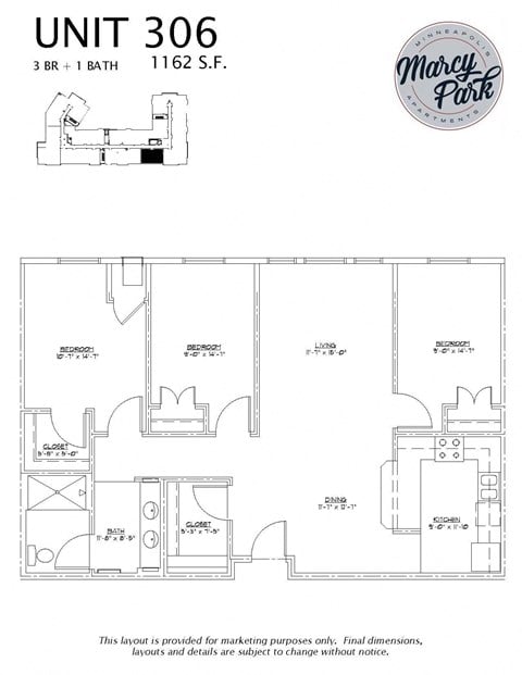 Floor plan for 3 beds, 1 bath, 1162 sqft