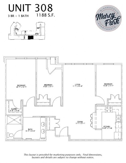 Floor plan for 3 beds, 1 bath, 1188 sqft