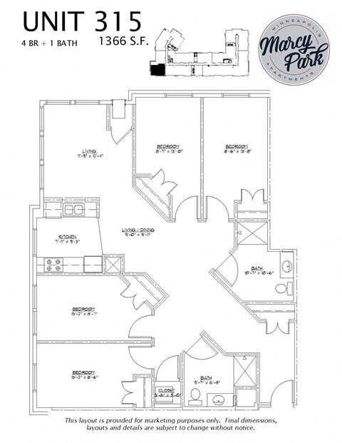 Floor plan for 4 beds, 2 baths, 1366 sqft