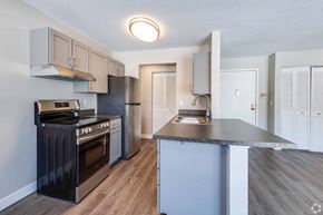 North St. Paul apartment for rent - A kitchen with a black oven and stove top.