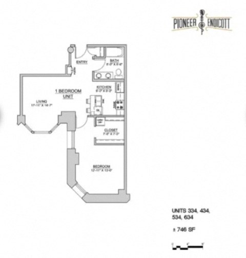 Floor plan for 1 bed, 1 bath, 779 sqft