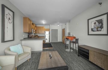 Minneapolis apartment for rent - a living room and kitchen with a couch and a table