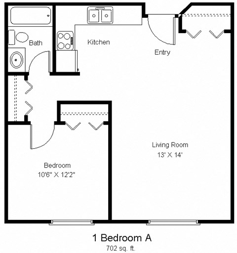 Floor plan for 1 bed, 1 bath, 720 sqft